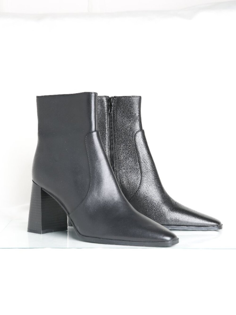 MANGO Leather Block Heel Square Toe Ankle Boots